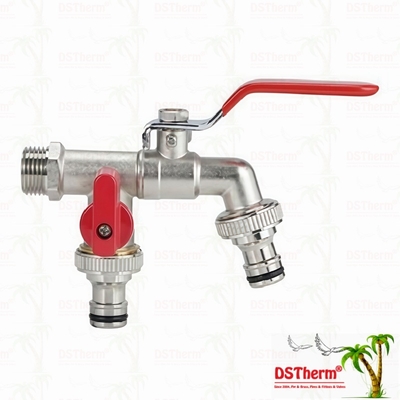 ทองแดง ประหยัด Double Outlet Bibcocks นิเคิล Plated กระบี่กับมือแดง 1/2 "* 3/4" * 3/4"