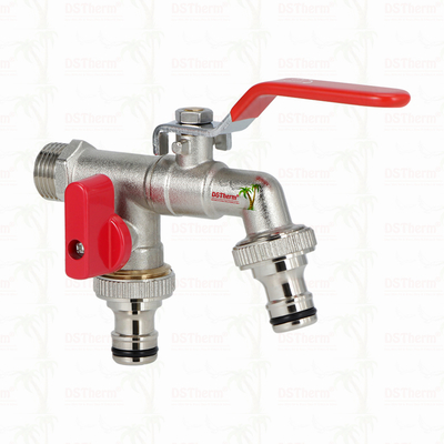 ทองแดง ประหยัด Double Outlet Bibcocks นิเคิล Plated กระบี่กับมือแดง 1/2 "* 3/4" * 3/4"